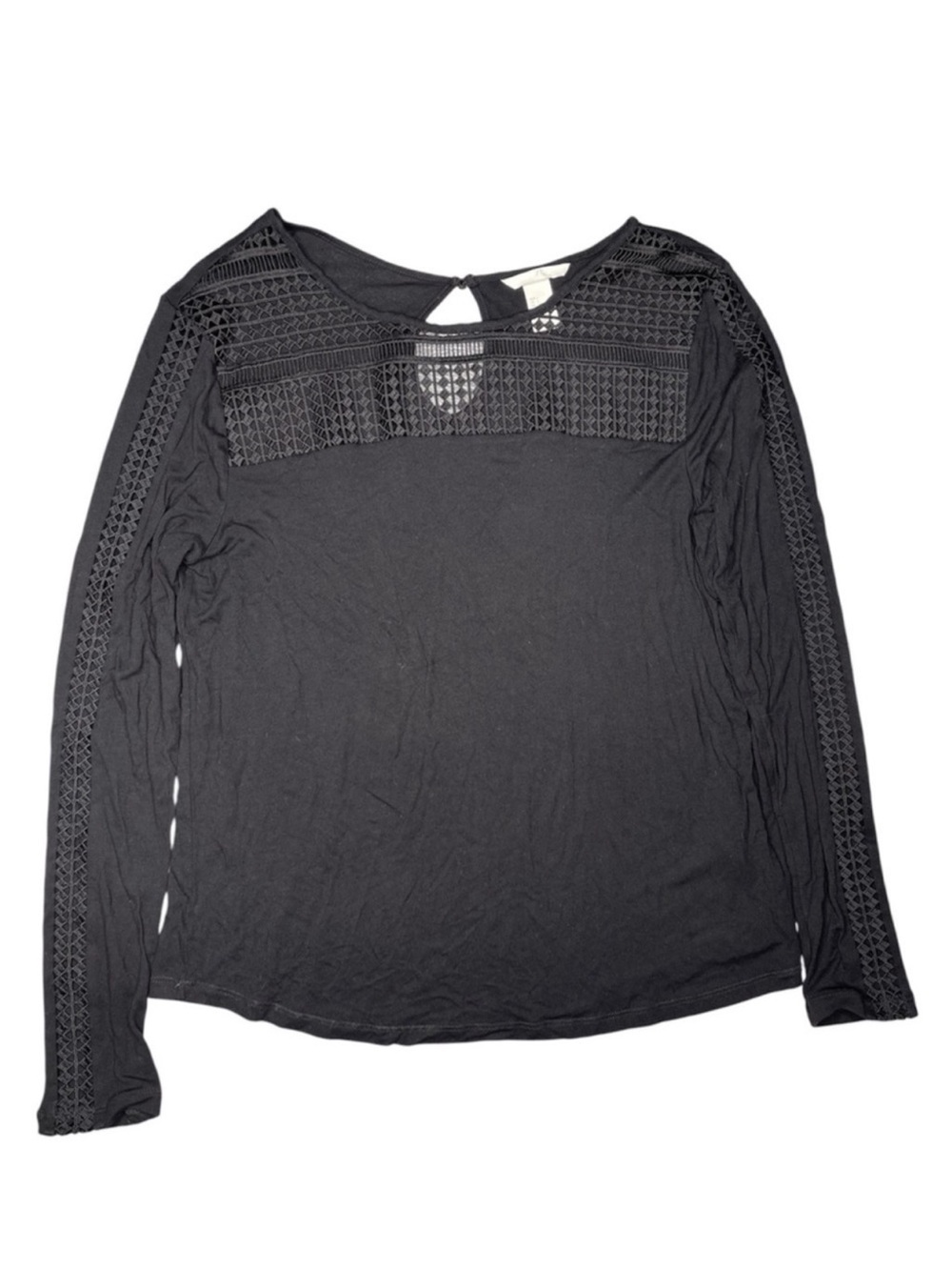 H&M Black Lace Mesh Yoke Long Sleeve Top Cutout Keyhole Back Lattice Blouse L